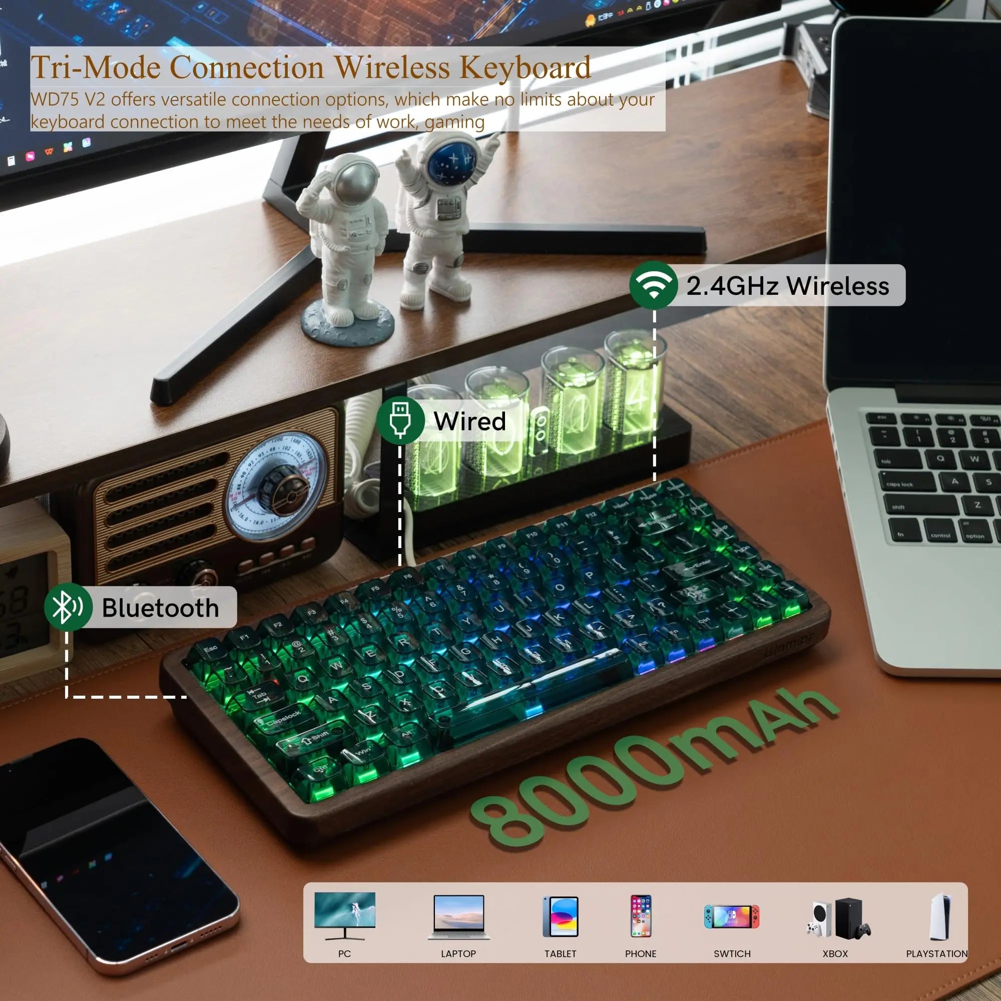 Womier WD75 V2 75% Keyboard with QMK/VIA Wood Gaming Keyboard Tri-Mode Wireless Mechanical Custom Key Board RGB Hot Swappable