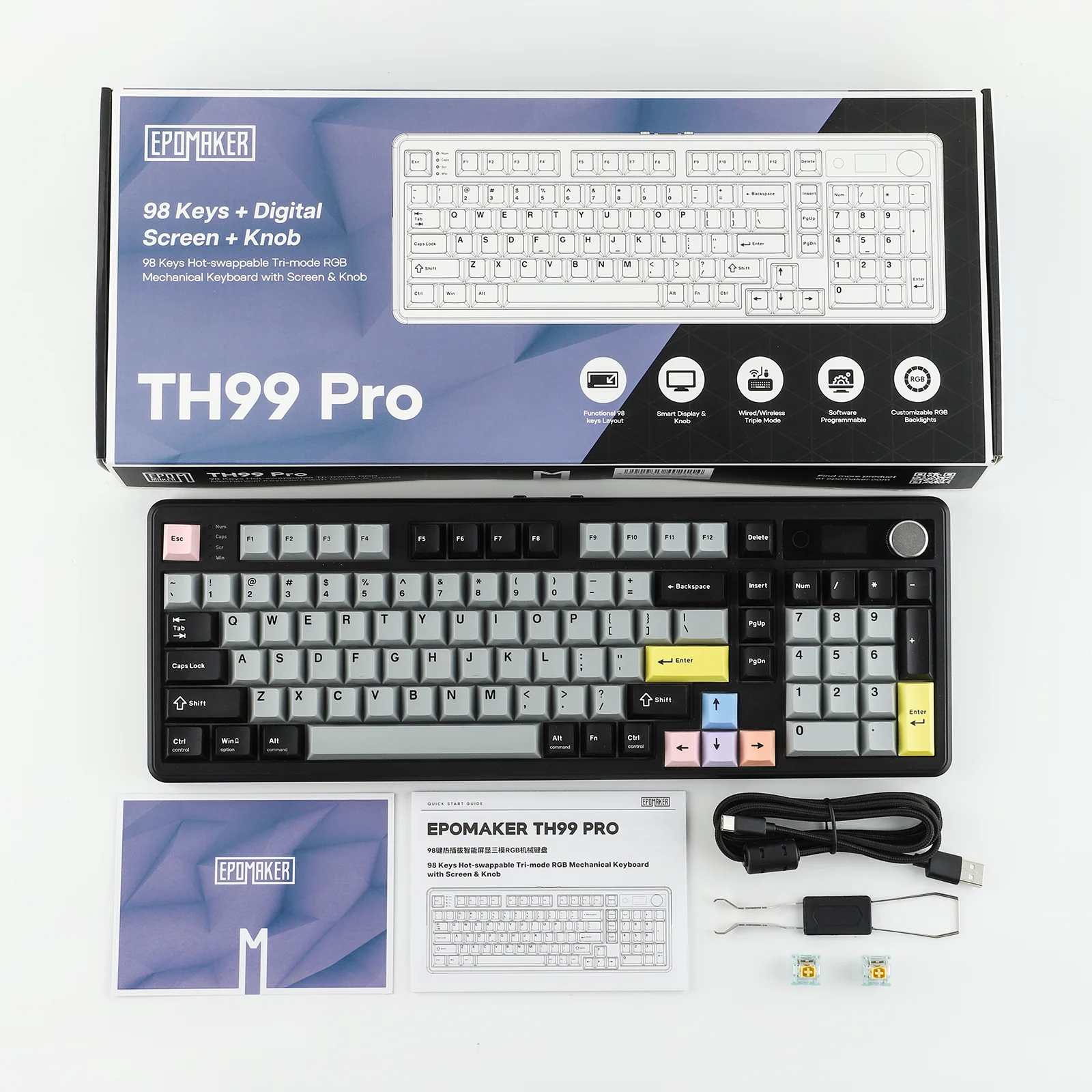 EPOMAKER TH99 PRO 96% ANSI US Layout Gasket-Mounted Wired/BT/2.4Ghz Wireless Mechanical Gaming Keyboard with Screen & Knob