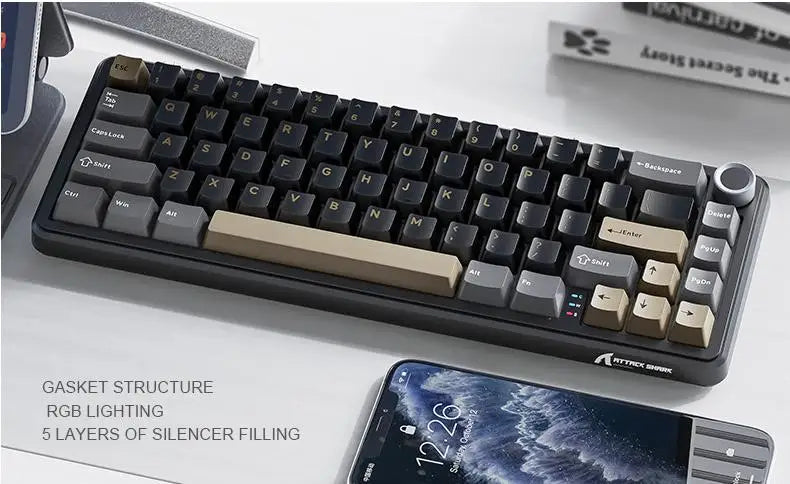Wireless Mechanical Keyboard Attack Shark X66 RGB Hot-swappable Metal Knobs FPS Game Support Windows Mac OS