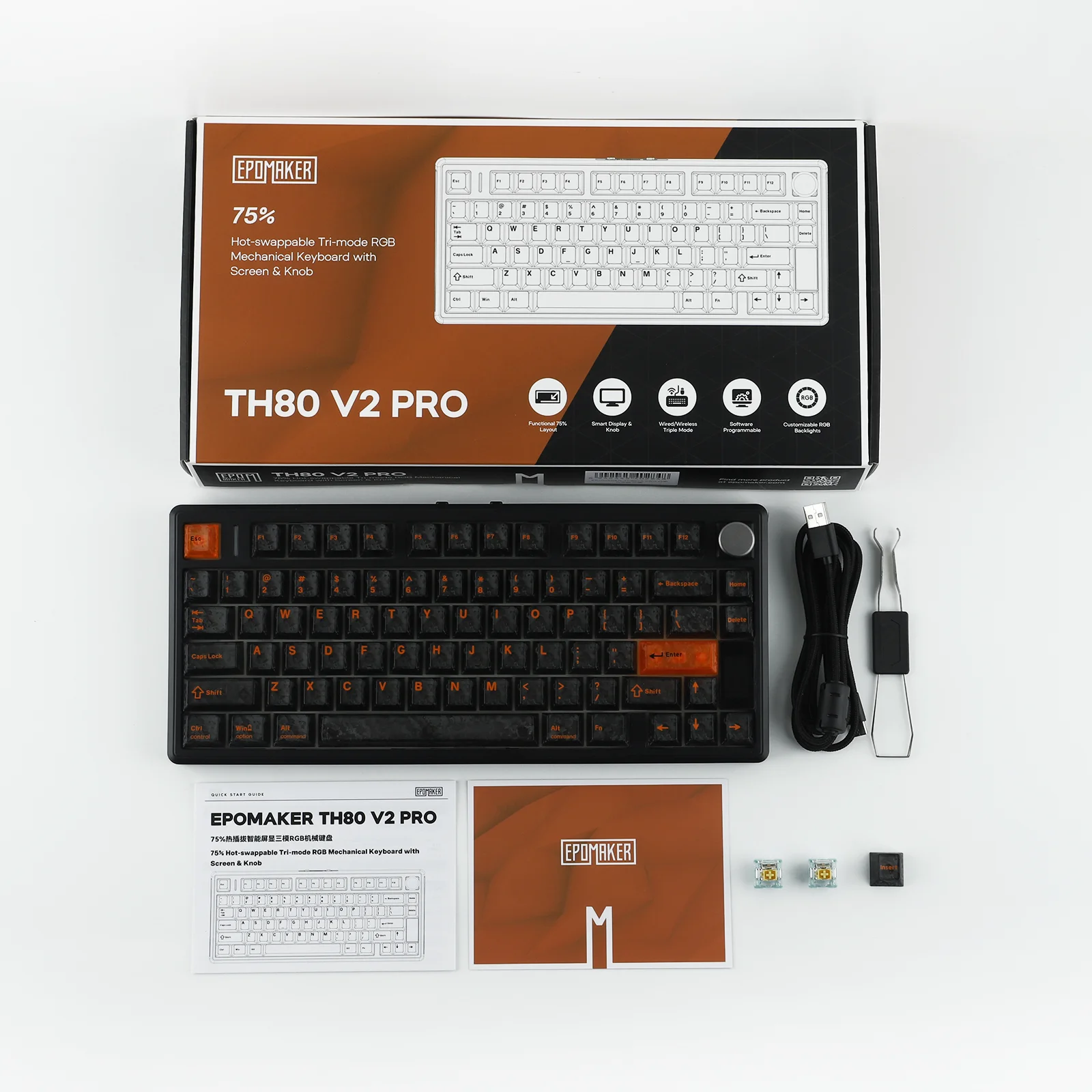 EPOMAKER TH80 V2 PRO 75% ANSI US Layout Wired/Bluetooth/2.4Ghz Wireless Mechanical Gaming Keyboard with Screen/ Knob & 10000mAh