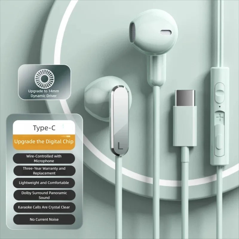 Type C Wired Earphones 3.5mm In Ear Headphones With Microphone Bass Stereo Earbuds For iPhone 17 Pro Samsung Galaxy S25 Headset