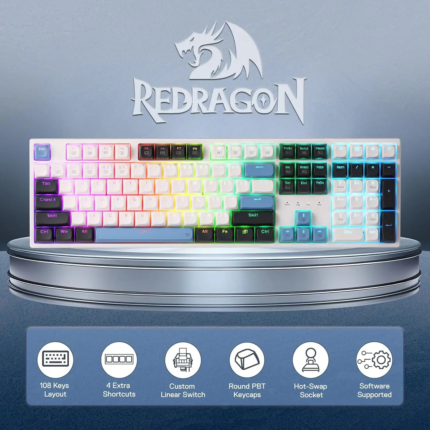 Redragon K668 Wired Gasket RGB Gaming Keyboard, 108 Keys Mechanical Keyboard w/Extra 4 Hotkeys, Upgraded Hot-swappable Socket