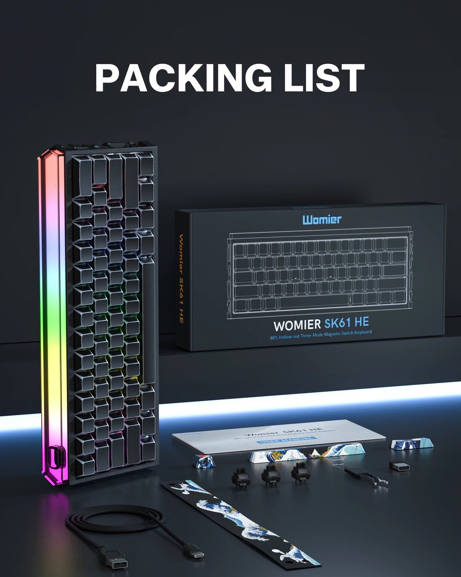 Womier SK61HE 60% Mechanical Gaming Keyboard Hollow-out Aluminum Case Hall Effect Magnetic Switch RGB Backlit Wireless Keyboard