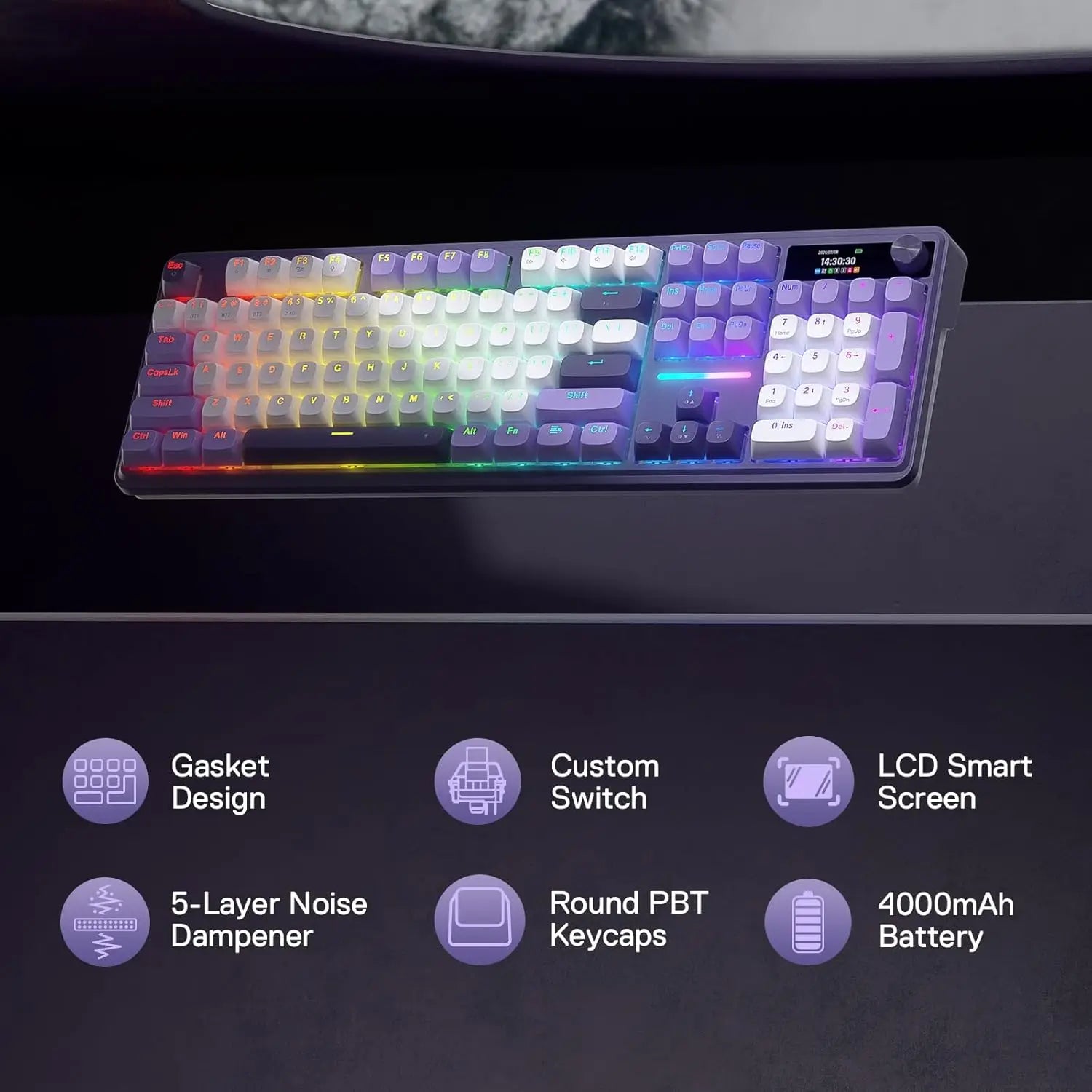 Redragon K762 Wireless Gasket Gaming Keyboard w/Hype Screen & Knob, 104 Keys Mechanical Keyboard