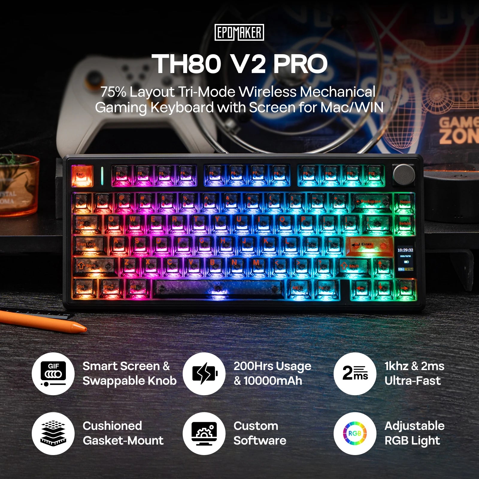 EPOMAKER TH80 V2 PRO 75% ANSI US Layout Wired/Bluetooth/2.4Ghz Wireless Mechanical Gaming Keyboard with Screen/ Knob & 10000mAh