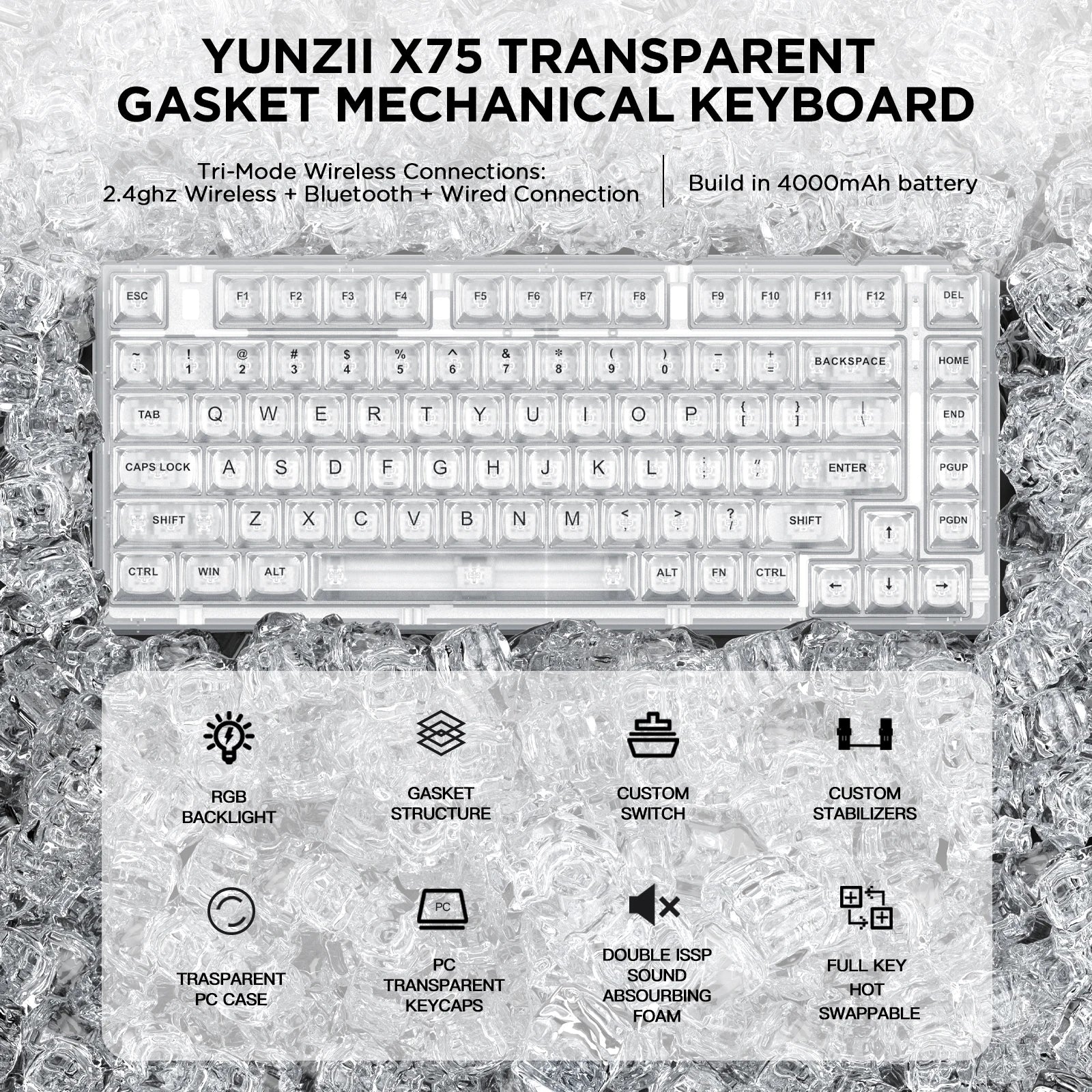YUNZII X75 PRO White 82-Key Wireless Hot Swappable Gasket Mounted Mechanical Gaming Keyboard with Transparent Keycaps