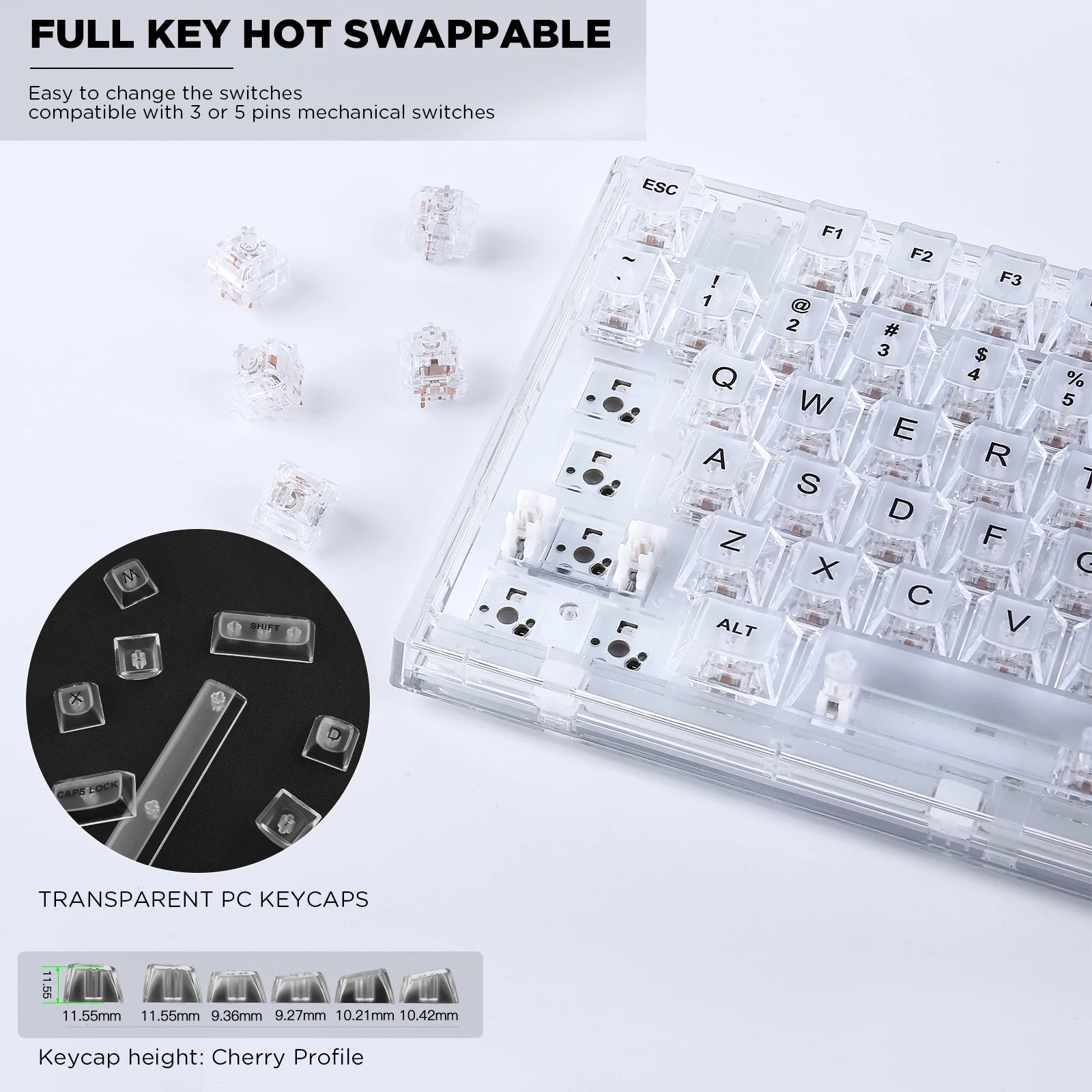 YUNZII X75 PRO White 82-Key Wireless Hot Swappable Gasket Mounted Mechanical Gaming Keyboard with Transparent Keycaps