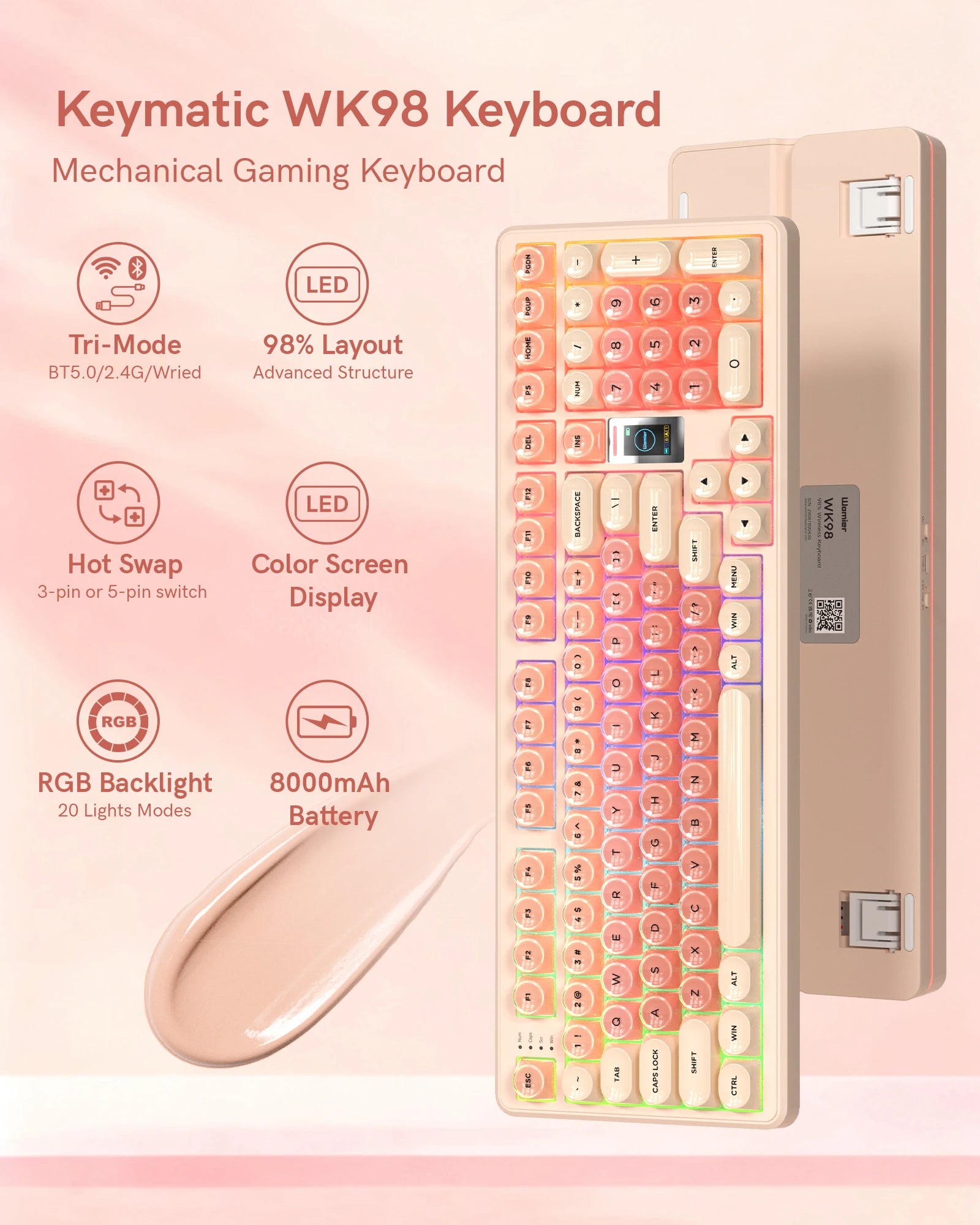 WK98 98% Pink Foundation Keyboard Gaming Mechanical Keyboard 3 Mode with Multimedia Screen RGB Backlit for Win/Mac,Pink