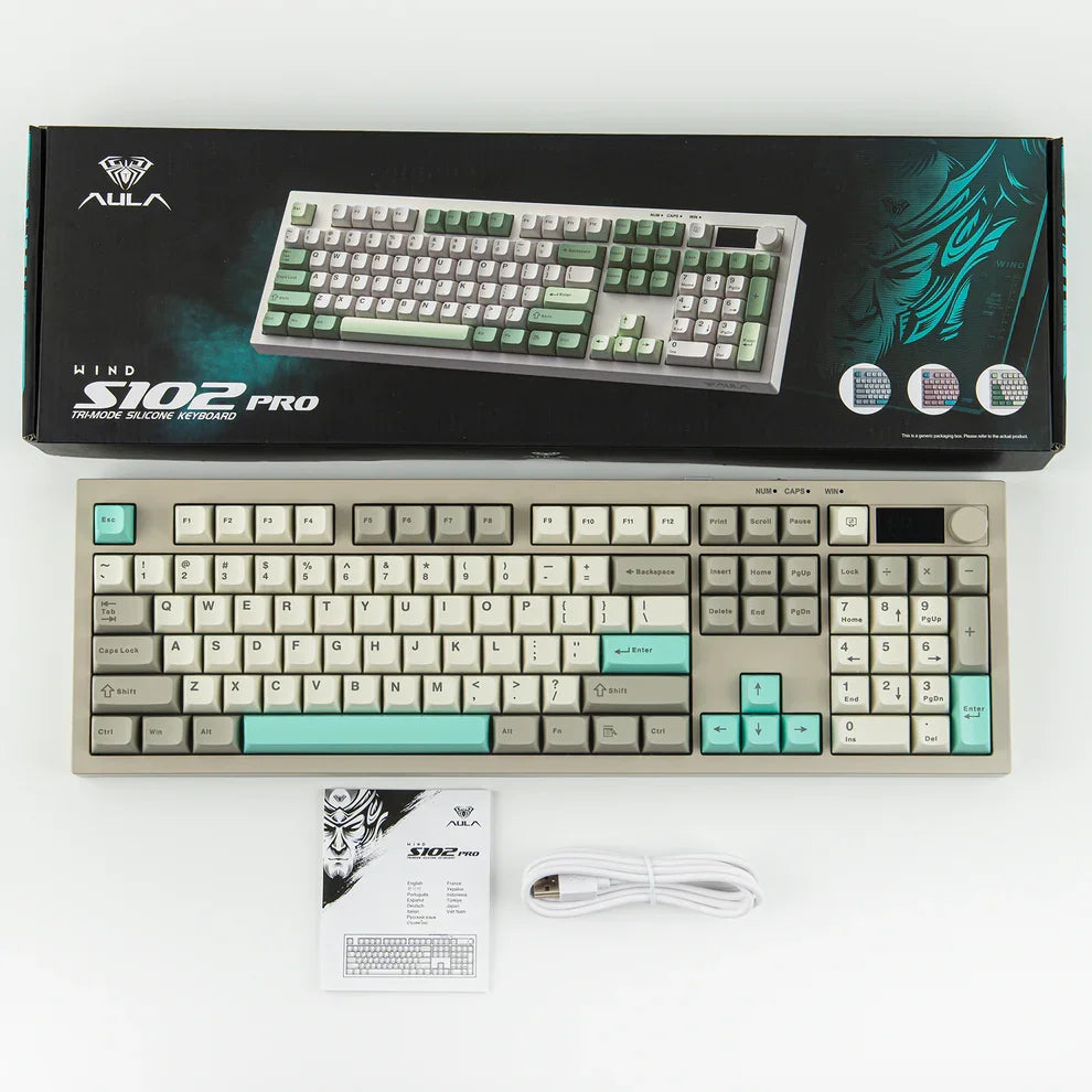AULA S102 PRO Silent Gaming Membrane Keyboard 100% ANSI US Tri-model 2.4GHz Wireless TFT Screen Volume Knob for PC Game Office