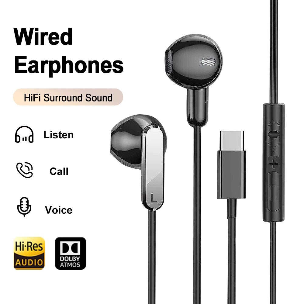 Type C Wired Earphones 3.5mm In Ear Headphones With Microphone Bass Stereo Earbuds For iPhone 17 Pro Samsung Galaxy S25 Headset