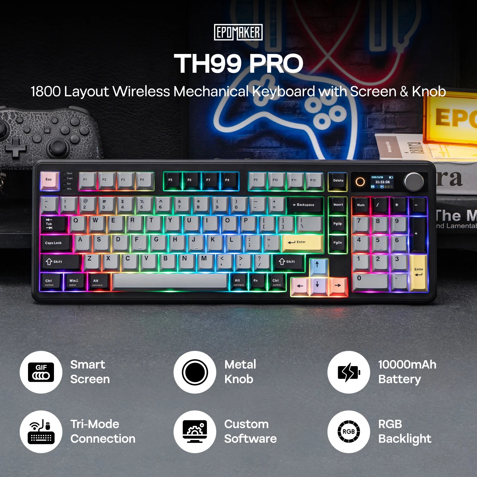 EPOMAKER TH99 PRO 96% ANSI US Layout Gasket-Mounted Wired/BT/2.4Ghz Wireless Mechanical Gaming Keyboard with Screen & Knob